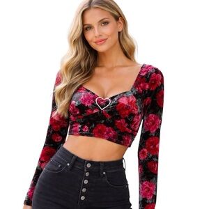 Madden NYC Junior's 2XL Velvet Cropped Top Floral Rhinestone Heart